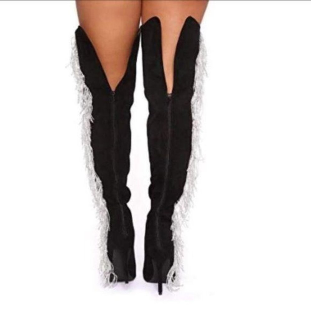 Thigh Hi Boots w/ Rhinestone Fringe in Black - Picture 3 of 10